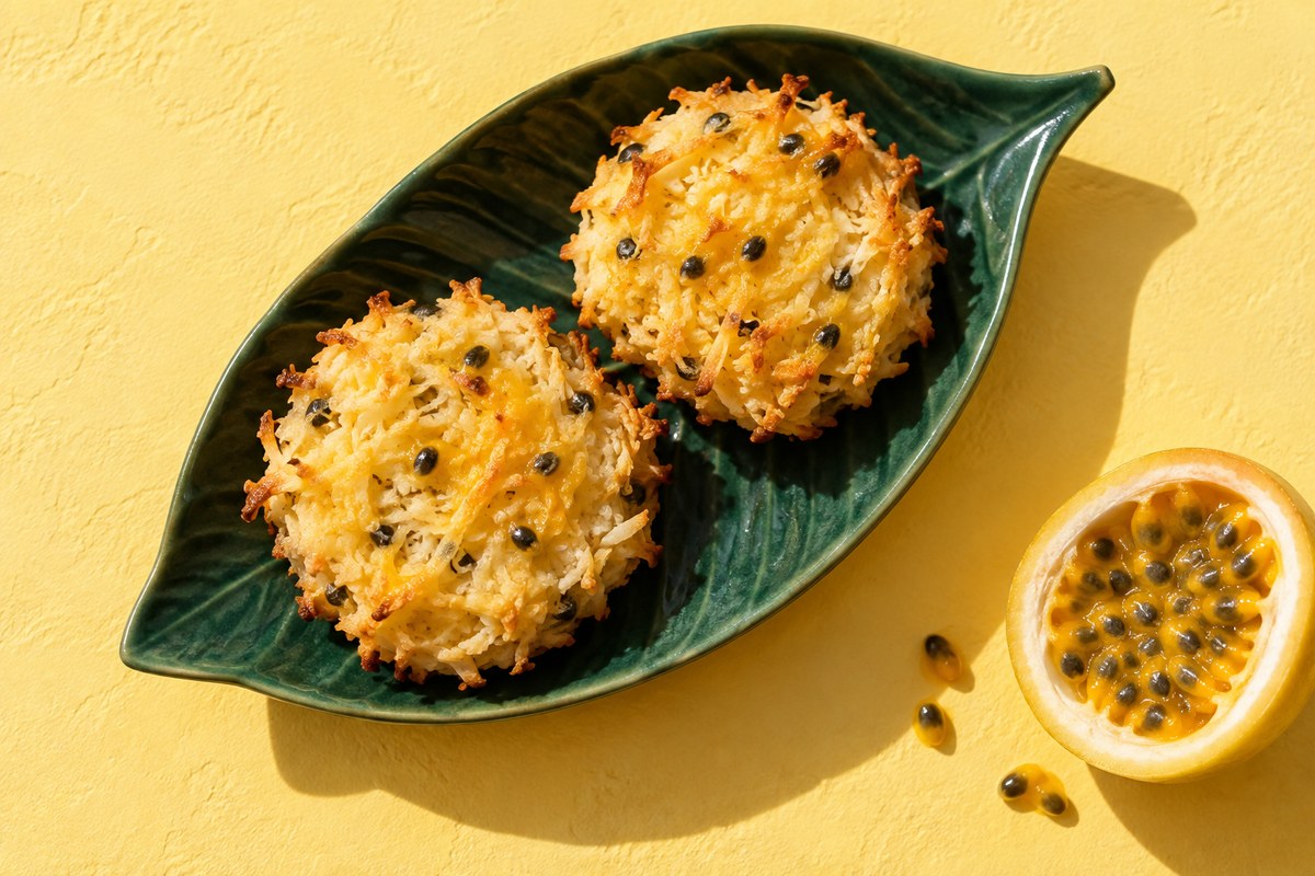 Cocadas douradas com sementes de maracujá em prato verde, ao lado da fruta aberta sobre fundo amarelo